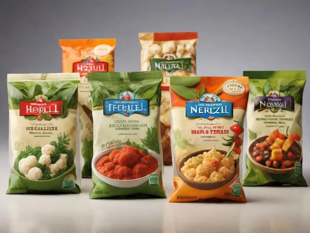 Design an image featuring a selection of frozen food packages with labels that emphasize "No Preservatives" and "Natural Ingredients." Use visuals of fresh herbs and spices to reinforce the natural quality of the products.