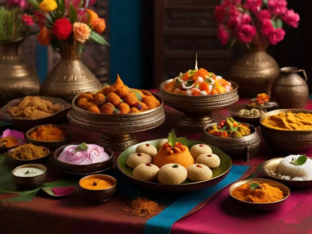 Create an inviting hero image showcasing a colorful spread of traditional Indian and Sri Lankan sweets and savory snacks arranged on a beautifully decorated table. Use vibrant colors and appetizing presentations to evoke a sense of indulgence and cultural richness.