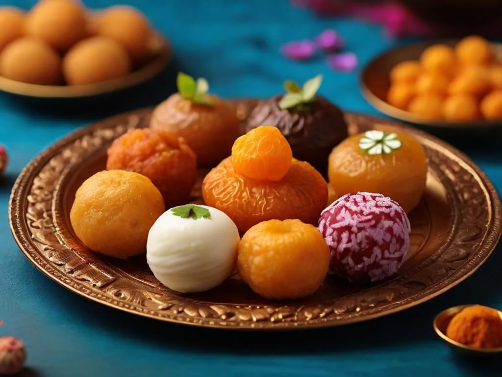 Capture a close-up image of assorted sweets like jalebis, laddoos, and gulab jamuns arranged on a decorative platter. Focus on the textures and details of each sweet to highlight their craftsmanship and irresistible appeal. Capture a close-up image of assorted sweets like jalebis, laddoos, and gulab jamuns arranged on a decorative platter. Focus on the textures and details of each sweet to highlight their craftsmanship and irresistible appeal.