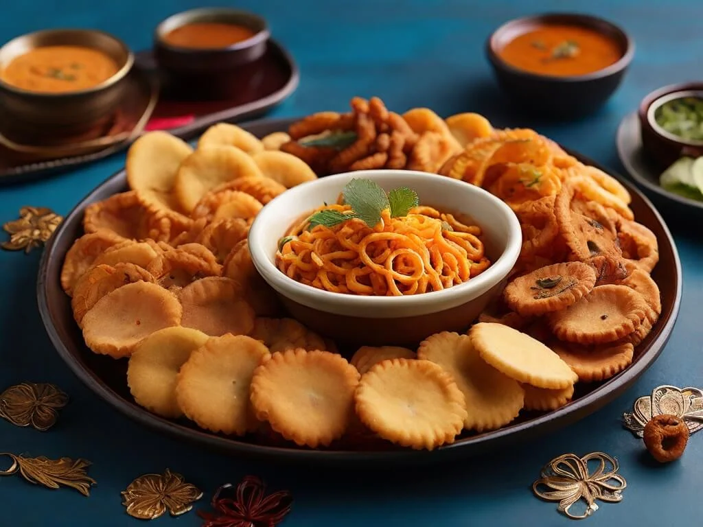 Illustrate the savory side with a mouthwatering display of crispy snacks such as murukku, mixture, and pakoras. Arrange them attractively with colorful dipping sauces or garnishes to enhance their visual appeal. Illustrate the savory side with a mouthwatering display of crispy snacks such as murukku, mixture, and pakoras. Arrange them attractively with colorful dipping sauces or garnishes to enhance their visual appeal.