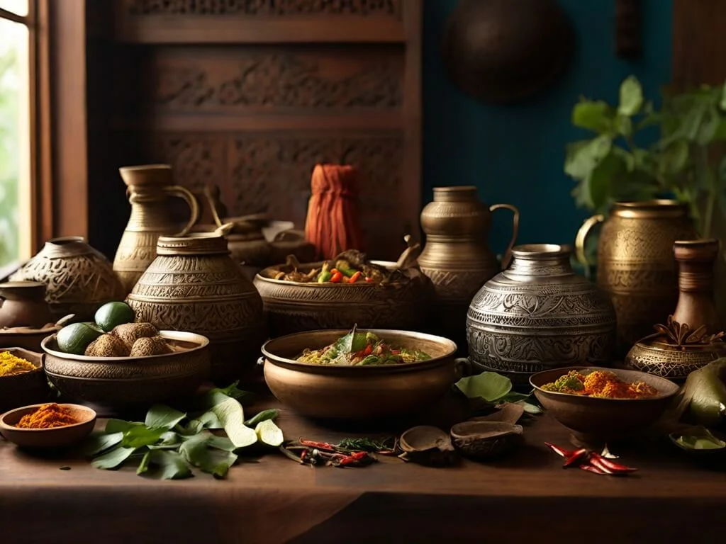 Create a scene that conveys the cultural heritage associated with Indian and Sri Lankan cuisine. Use props like traditional utensils, spices, or textiles to evoke a sense of authenticity and nostalgia. Create a scene that conveys the cultural heritage associated with Indian and Sri Lankan cuisine. Use props like traditional utensils, spices, or textiles to evoke a sense of authenticity and nostalgia.