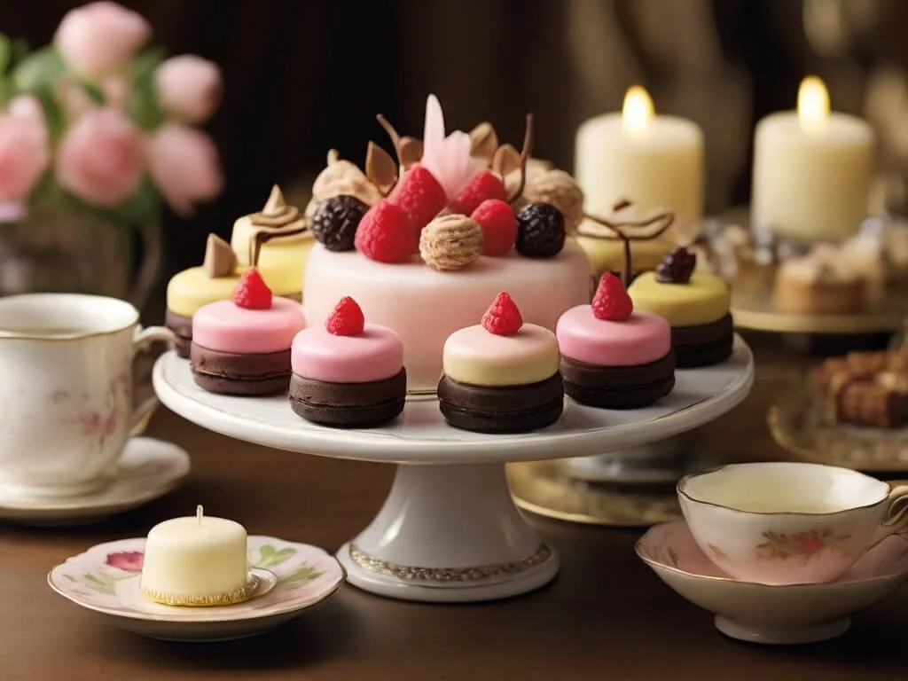 Showcase a selection of sweet indulgences in a charming setting, such as a cozy tea party or festive celebration. Highlight the richness and variety of flavors with close-up shots of each sweet. Showcase a selection of sweet indulgences in a charming setting, such as a cozy tea party or festive celebration. Highlight the richness and variety of flavors with close-up shots of each sweet.