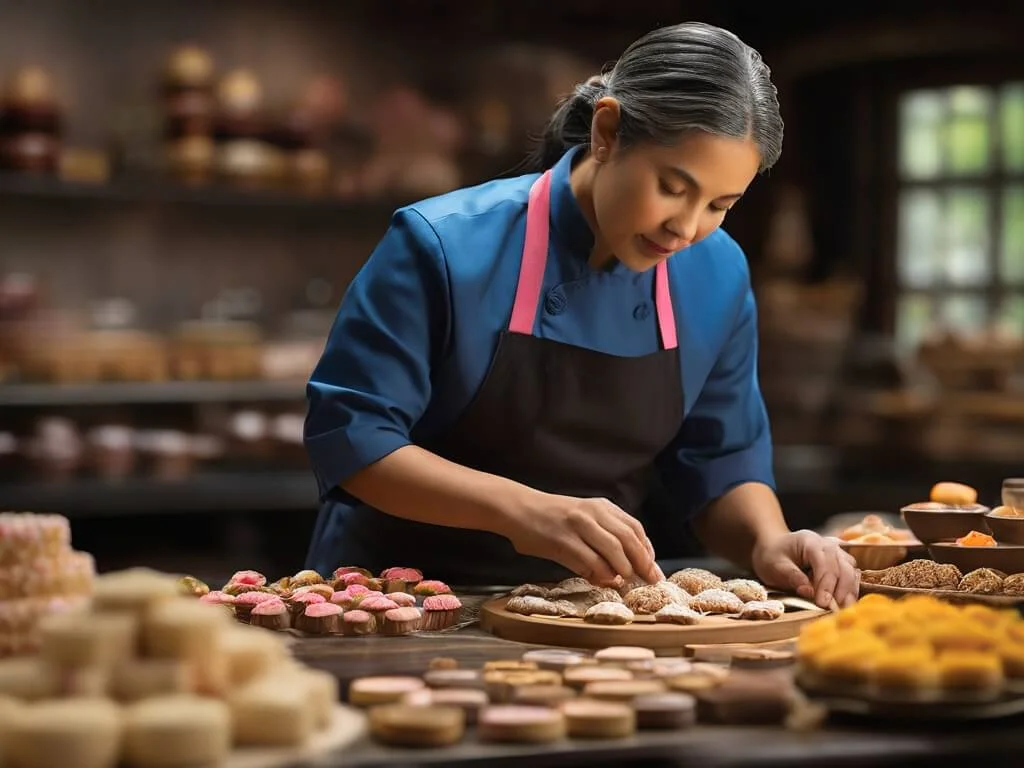 Focus on the craftsmanship behind each delicacy by highlighting the process of making sweets and savory treats. Show artisans shaping and decorating these delicacies with precision and care. Focus on the craftsmanship behind each delicacy by highlighting the process of making sweets and savory treats. Show artisans shaping and decorating these delicacies with precision and care.