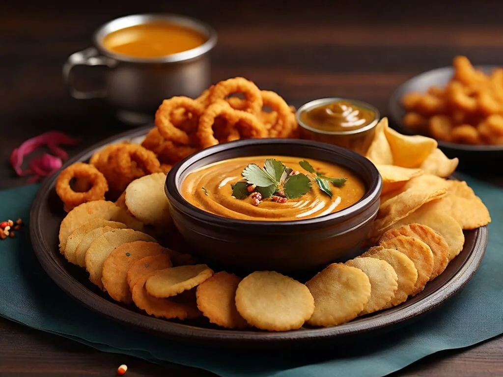 Illustrate the savory side with a mouthwatering display of crispy snacks such as murukku, mixture, and pakoras. Arrange them attractively with colorful dipping sauces or garnishes to enhance their visual appeal. Illustrate the savory side with a mouthwatering display of crispy snacks such as murukku, mixture, and pakoras. Arrange them attractively with colorful dipping sauces or garnishes to enhance their visual appeal.
