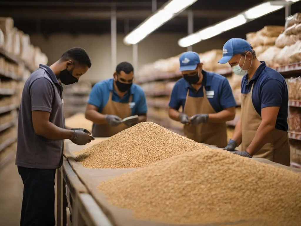 An image of the grocery store team inspecting and selecting grains from trusted suppliers, conveying a sense of quality control and commitment to authenticity. An image of the grocery store team inspecting and selecting grains from trusted suppliers, conveying a sense of quality control and commitment to authenticity.