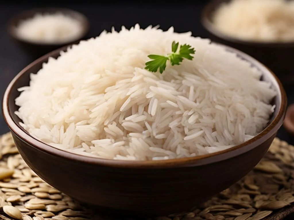 Capture a close-up image of cooked Basmati Rice in a traditional serving bowl, highlighting its long grains and aromatic appearance. Capture a close-up image of cooked Basmati Rice in a traditional serving bowl, highlighting its long grains and aromatic appearance.
