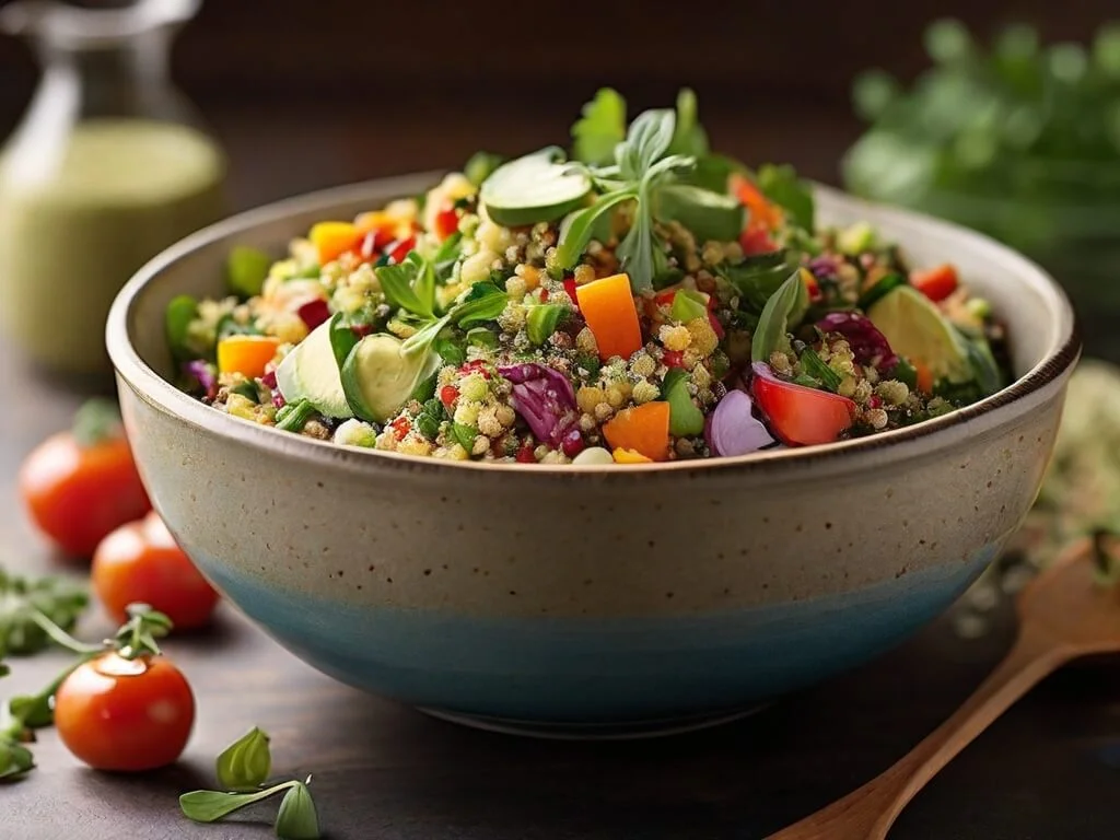 Create an image of a vibrant quinoa salad bowl filled with fresh vegetables and herbs, showcasing the nutritional aspect and versatility of quinoa. Create an image of a vibrant quinoa salad bowl filled with fresh vegetables and herbs, showcasing the nutritional aspect and versatility of quinoa.