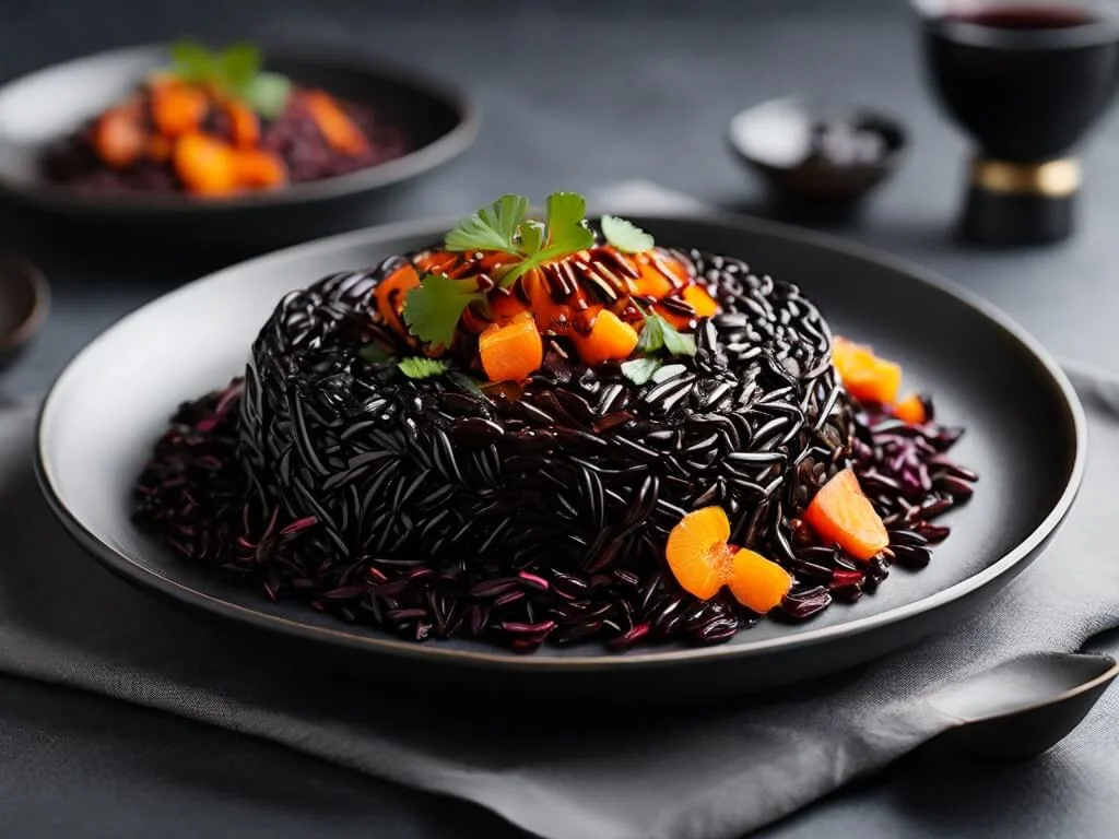 Arrange cooked black rice on a modern plate with elegant plating, focusing on its striking color and glossy texture. Arrange cooked black rice on a modern plate with elegant plating, focusing on its striking color and glossy texture.