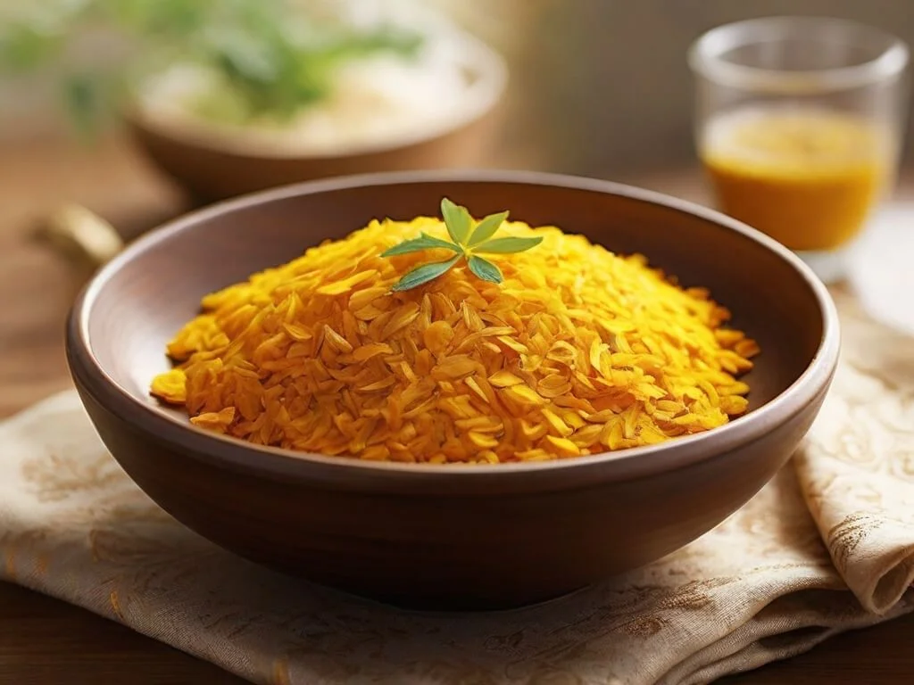 Showcase turmeric-infused rice in natural sunlight, highlighting its golden hue and aromatic qualities. Showcase turmeric-infused rice in natural sunlight, highlighting its golden hue and aromatic qualities.
